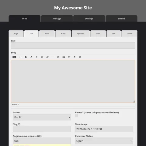 A screenshot of the Write page in dark mode