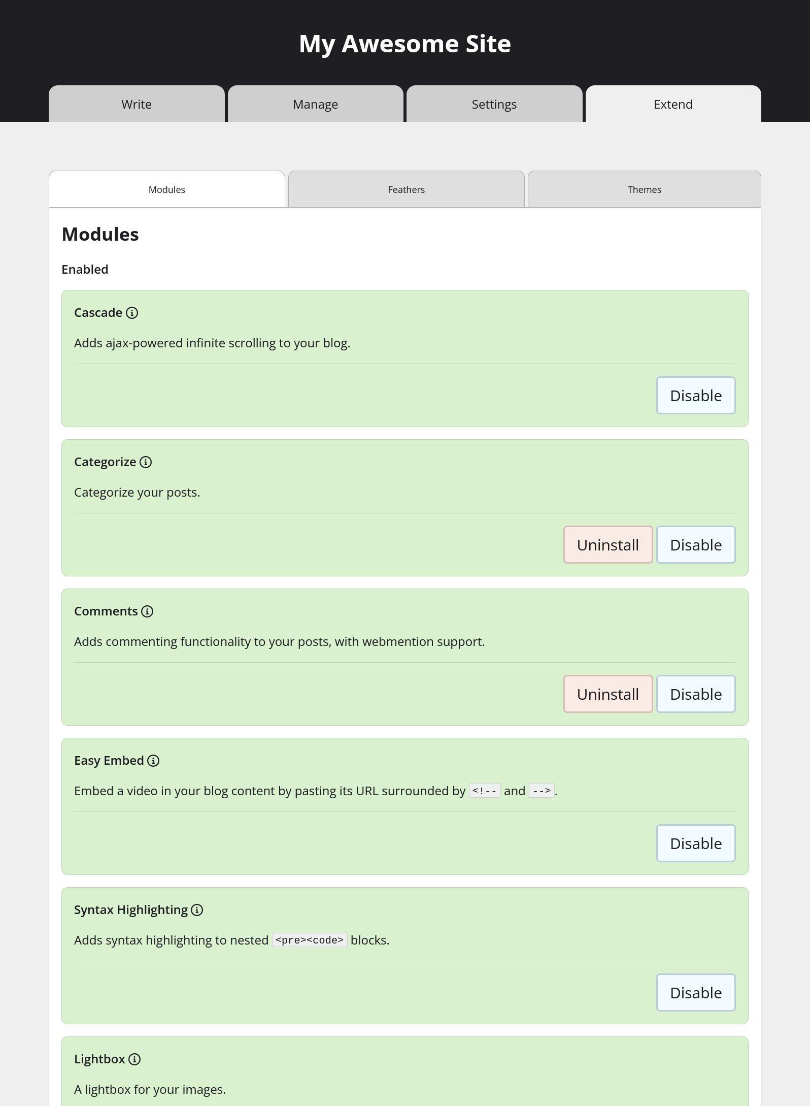 A screenshot of the Modules page