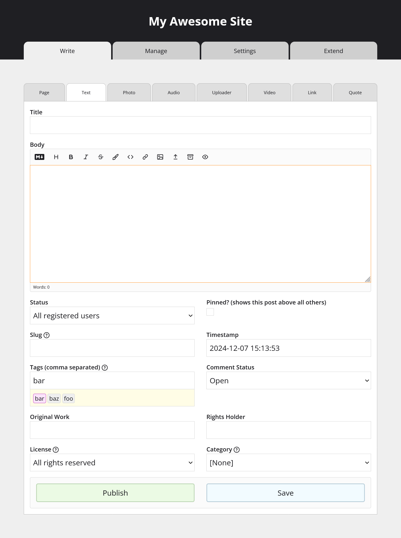 A screenshot of the Write page